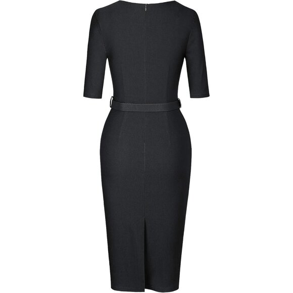 Women's Vintage 1950s Style Sheath Dress with Belt for Formal Work Celebrations - Picture 9 of 9